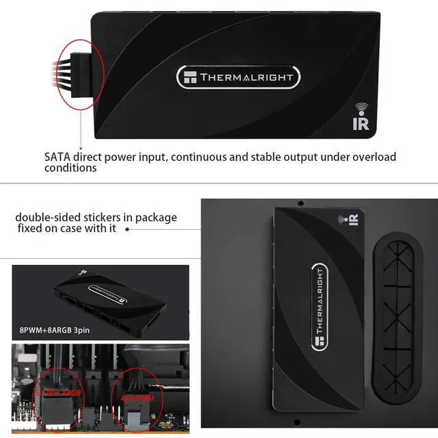 Alt view image 5 of 6 - ARGB and Fan HUB X8 IR Black Hub Controller Support 8 Groups of CPU Fans,3Pin PC ARGB Controller and 4Pin PWM Fan,with LED Remote Control, SATA Power Cord Direct Input