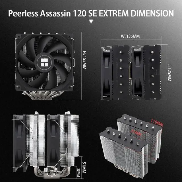 Alt view image 6 of 6 - Peerless Assassin 120 SE Extrem CPU Air Cooler with 6 Heat Pipes, Dual PWM Fans, AGHP heatpipe Technology, 154mm High Cooling, for AM5/AM4, Intel LGA1851/1700/1150/1151/1155/1156/1200