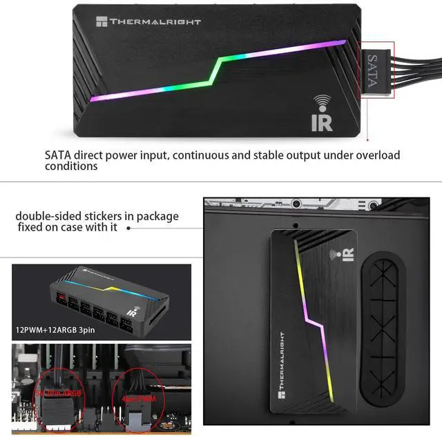 Alt view image 5 of 6 - ARGB and Fan HUB X12 IR Black Hub Controller Support 12 Groups of CPU Fans,3Pin PC ARGB Controller and 4Pin PWM Fan,SATA Power Cord Direct Input(12V 4pin RGB is Not Supported)