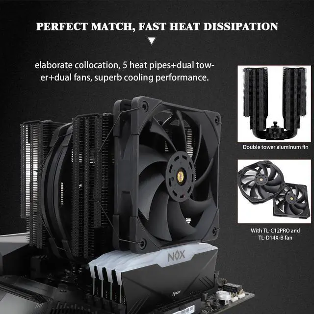 Alt view image 2 of 7 - FC140 Black CPU Air Cooler,Dual Tower 5 Heat Pipe,TL-D14X-B and TL-C12PRO PWM Fan,Aluminium Heatsink Cover, AGHP Technology, for AMD AM4/AM5/Intel LGA 1150/1151/1155/1156/1200/2011/1700