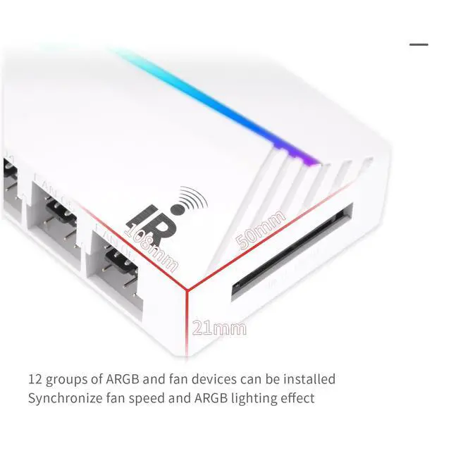 Alt view image 3 of 6 - ARGB and Fan HUB X12 IR White Hub Controller Support 12 Groups of CPU Fans,3Pin PC ARGB Controller and 4Pin PWM Fan,SATA Power Cord Direct Input(12V 4pin RGB is Not Supported)
