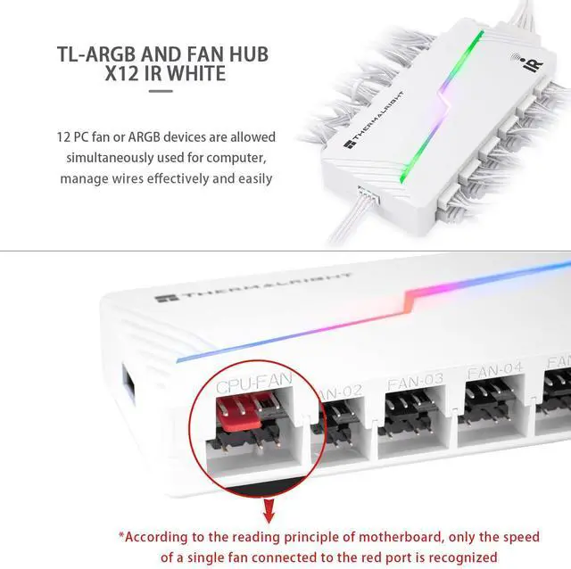 Alt view image 4 of 6 - ARGB and Fan HUB X12 IR White Hub Controller Support 12 Groups of CPU Fans,3Pin PC ARGB Controller and 4Pin PWM Fan,SATA Power Cord Direct Input(12V 4pin RGB is Not Supported)