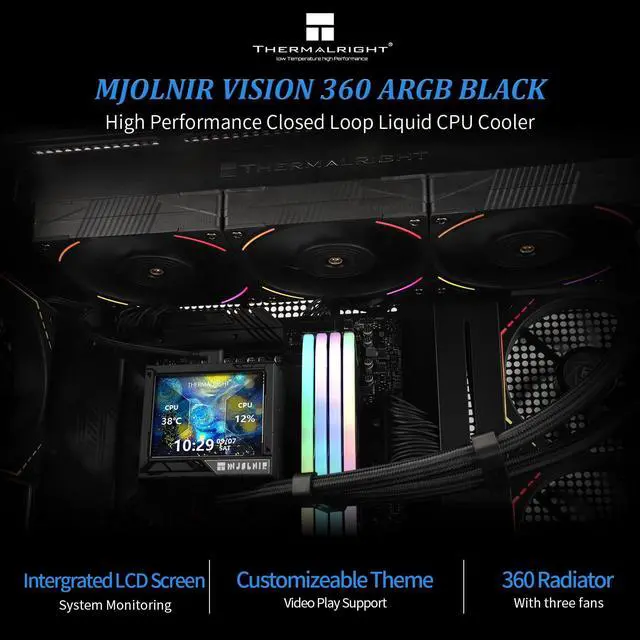 Alt view image 2 of 6 - Mjolnir Vision 360 ARGB Black CPU AIO Cooler,IPS LCD Screen with 320 * 240 Resolution,for AM5&LGA 1700/1851,High-Performance 360 Specs Water-Cooled with 3.5in Removable Display