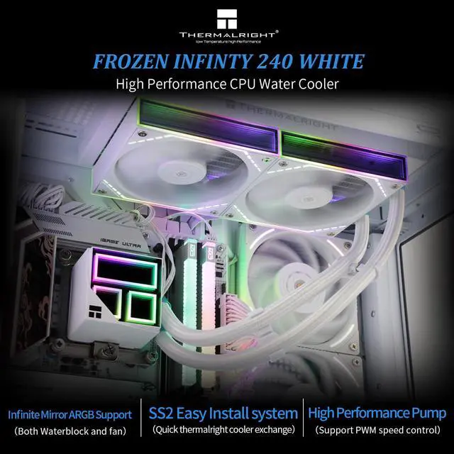 Alt view image 2 of 6 - Frozen Infinity 240 White Liquid CPU Cooler,Double PWM Fans with 2000RPM,Desktop CPU Aio Cooler,for AM4/AM5&Intel LGA1150/1151/1200/1700/1851,Infinity Mirror PC CPU Water Cooler