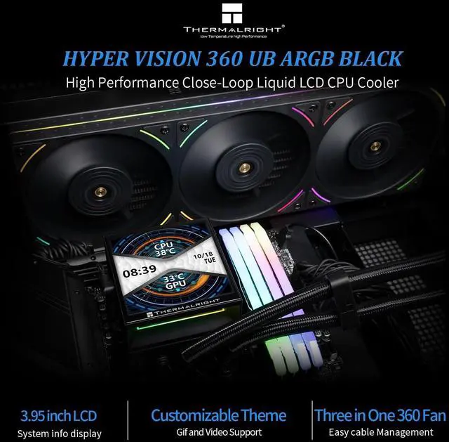 Alt view image 2 of 6 - Hyper Vision 360 UB ARGB Black CPU AIO Cooler,360mm Radiator, Magnetic Panel-IPS LCD Screen with 480x480 Resolution,for AM4/AM5;Intel LGA1851/1700,3.95in Screen High Performance Pump