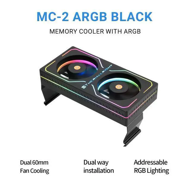 Alt view image 2 of 6 - MC-2 ARGB Black RAM Cooler, RGB Strip, Dual 3200RPM Silent Fans, Black Active Cooling Design. Compatible with DDR, DDR2, DDR3, DDR4DDR5 Memory. Adopts Simple Buckle Structure for Fast