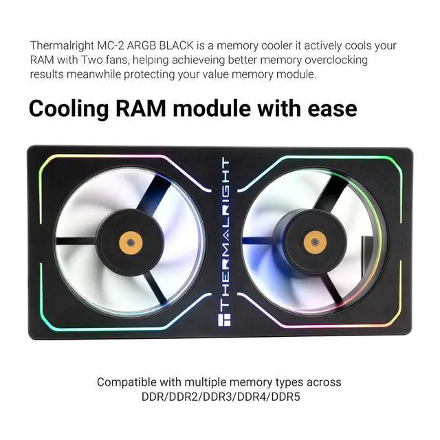 Alt view image 6 of 6 - MC-2 ARGB Black RAM Cooler, RGB Strip, Dual 3200RPM Silent Fans, Black Active Cooling Design. Compatible with DDR, DDR2, DDR3, DDR4DDR5 Memory. Adopts Simple Buckle Structure for Fast
