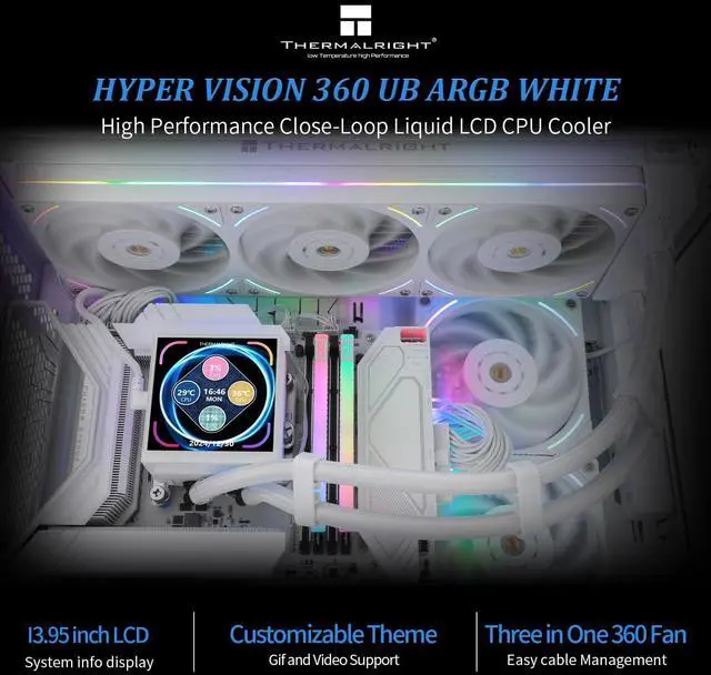 Alt view image 2 of 5 - Hyper Vision 360 UB ARGB White CPU AIO Cooler,360mm Radiator, Magnetic Panel-IPS LCD Screen with 480x480 Resolution,for AM4/AM5;Intel LGA1851/1700,3.95in Screen High Performance Pump