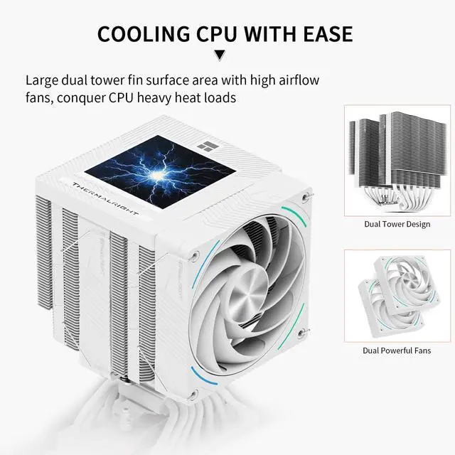 Alt view image 2 of 7 - Phantom Spirit 120 Vision Snow CPU Air Cooler, Twin Tower Radiator 2150RPM Speed,480x480 Resolving Power IPS Screen with 3.95in,Computer Cooler for Intel lga1851/1700/115x,AM4/AM5