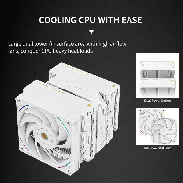 Alt view image 3 of 7 - Royal Pretor 130 Ultra White CPU Cooler,7 Heat Pipes Heatsink CPU Cooling, White Brushed Top Cover, for Intel LGA115X/2011/1700/1851,AM4/AM5 Platforms,Double Towers and Fans Cooler