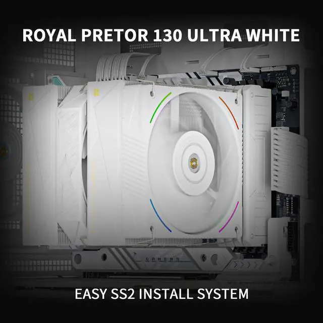 Alt view image 6 of 7 - Royal Pretor 130 Ultra White CPU Cooler,7 Heat Pipes Heatsink CPU Cooling, White Brushed Top Cover, for Intel LGA115X/2011/1700/1851,AM4/AM5 Platforms,Double Towers and Fans Cooler