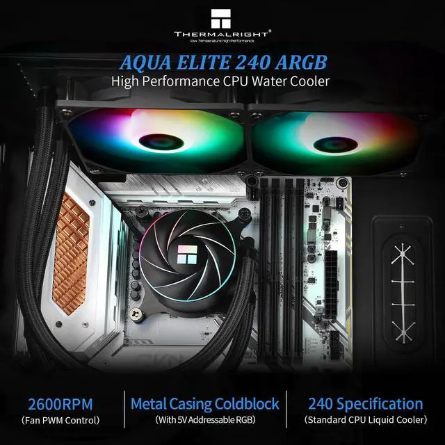 Alt view image 2 of 6 - Aqua Elite 240 ARGB CPU Water Cooler, with Double PWM Fans, 1550RPM Speed,for AMD/AM4/AM5& Intel LGA1150/1151/1155/1156/1200/ 1700/1851(AE240 ARGB)