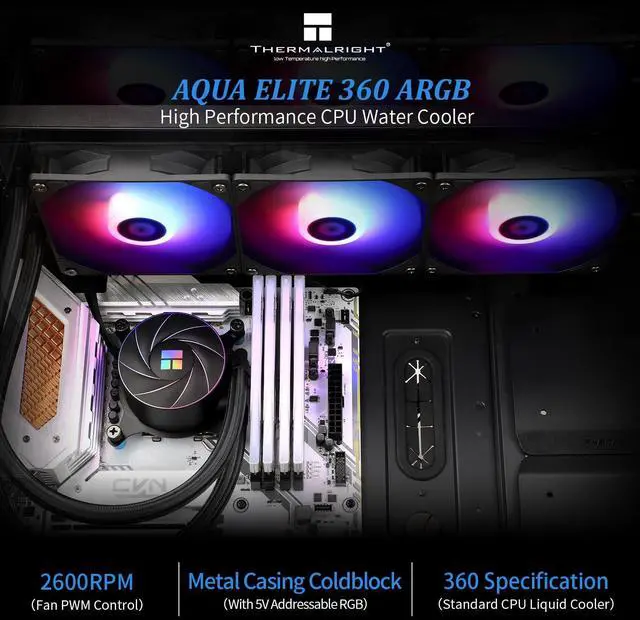 Alt view image 2 of 6 - Aqua Elite 360 ARGB CPU Water Cooler, with 3 PWM Fans, 1550RPM Speed,for AMD/AM4/AM5, Intel LGA1851/1150/1151/1155/1156/1200/1700