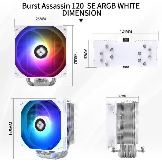 Alt view image 7 of 7 - Burst Assassin 120 SE ARGB White CPU Cooler, 6 Heat Pipes Heatsink, 12cm PWM Fan CPU Air Cooler, AGHP Technology, for Intel LGA1851/1700/115X/1200,AM4/AM5, 148mm High Heatsink Cooling