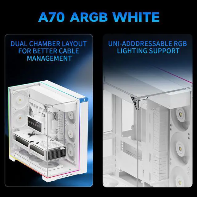 Alt view image 2 of 7 - A70 ARGB White ATX Gaming Case Three-Sided Column-Free Glass 8 CPU Fan Slots + Four-Way Airflow Tool-Free Quick Release Vertical Graphics Card Mounting Anti-Fall,Panoramic Light Strip