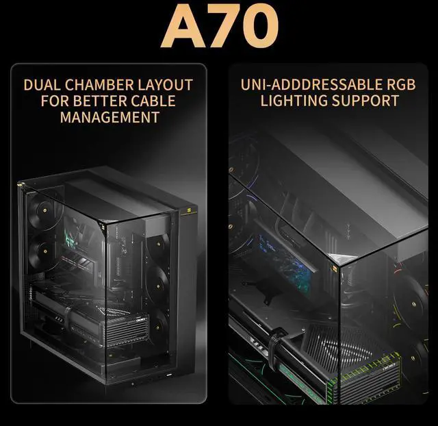 Alt view image 2 of 7 - A70ATX Gaming Case Three-Sided Pillar-Free Panoramic Glass Panel Type-C Port mid-Tower Computer case Tool-Free Quick-Release Vertical GPU Bracket Anti-Drop Design, Black
