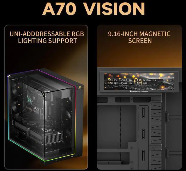 Alt view image 2 of 7 - A70 Vision ATX Gaming case |Three Sides Without Stands,Panoramic Glass Panel |8 Fan Slots |Tower-Style Computer case |Equipped with Type-C Interface |Comes with a 9.16-inch LCD Display |