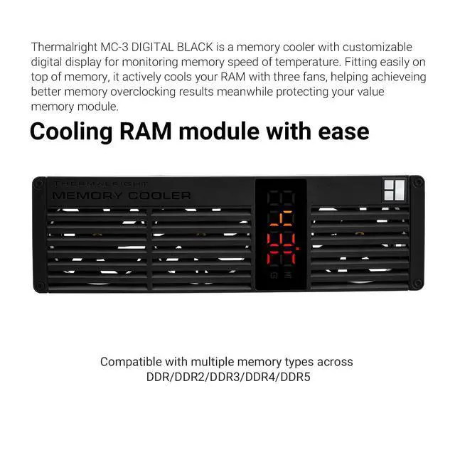 Alt view image 6 of 7 - MC-3 Digital Black RAM Cooling, ARGB Digital Display Screen Intelligent Temperature Color Change, Easy Installation,Universal Across All PC Platforms, Black