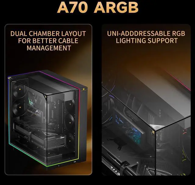 Alt view image 2 of 7 - A70 ARGB Black ATX Gaming Case Three-Sided Column-Free Glass 8 CPU Fan Slots + Four-Way Airflow Tool-Free Quick Release Vertical Graphics Card Mounting Anti-Fall,Panoramic Light Strip