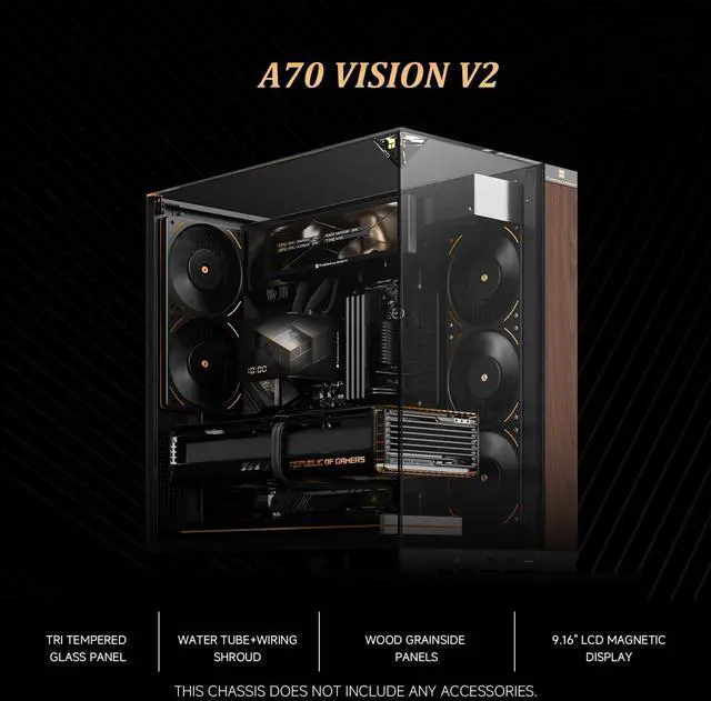 Alt view image 2 of 7 - A70 Vision V2 ATX Gaming Case Three-Sided Column-Free Glass 8 CPU Fans Slots,Quick Release Vertical Graphics Card Mounting Anti-Fall,with 9.16 LCD Screen, Wood Grain Style