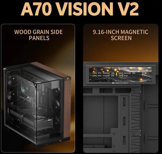 Alt view image 4 of 7 - A70 Vision V2 ATX Gaming Case Three-Sided Column-Free Glass 8 CPU Fans Slots,Quick Release Vertical Graphics Card Mounting Anti-Fall,with 9.16 LCD Screen, Wood Grain Style