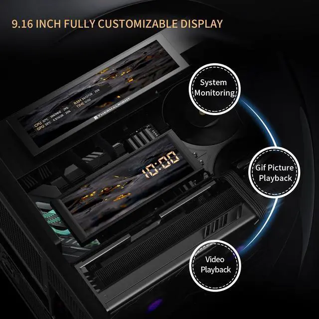 Alt view image 3 of 7 - A70 Vision V2 ATX Gaming Case Three-Sided Column-Free Glass 8 CPU Fans Slots,Quick Release Vertical Graphics Card Mounting Anti-Fall,with 9.16 LCD Screen, Wood Grain Style