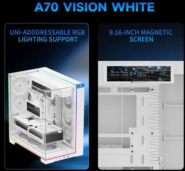 Alt view image 2 of 7 - A70 Vision White ATX Gaming case |Three Sides Without Stands,Panoramic Glass Panel|8 Fan Slots |Tower-Style Computer case|Equipped withType-C Interface|Comes with a 9.16-inch LCD Display