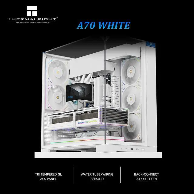 Alt view image 2 of 7 - A70 White ATX Gaming Case Three-Sided Column-Free Glass 8 CPU Fan Slots + Four-Way Airflow Tool-Free Quick Release Vertical Graphics Card Mounting Anti-Fall,White