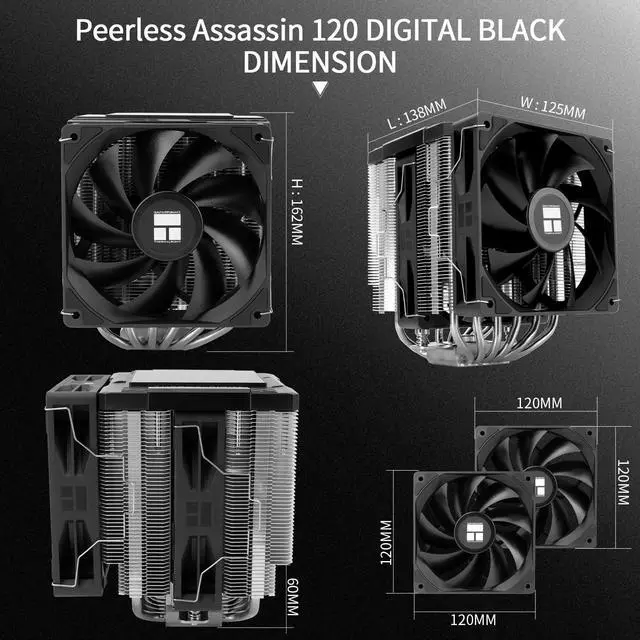 Alt view image 6 of 7 - Peerless Assassin 120 Digital Black CPU Air Cooler, Digital Screen Top Cover,6 Heatpipes Computer CPU Cooler, for AM4/AM5,Intel LGA1700/1851/1150/1151/1200, PC Cooler-Black