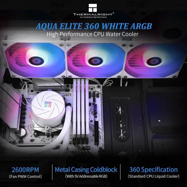 Alt view image 2 of 6 - Aqua Elite 360 White ARGB CPU Water Cooler, with 3 PWM Fans ARGB, 1550RPM Speed,for AMD/AM4/AM5, Intel LGA1851/1150/1151/1155/1156/1200/1700