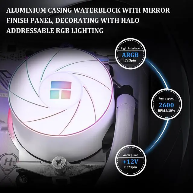 Alt view image 4 of 6 - Aqua Elite 360 White ARGB CPU Water Cooler, with 3 PWM Fans ARGB, 1550RPM Speed,for AMD/AM4/AM5, Intel LGA1851/1150/1151/1155/1156/1200/1700