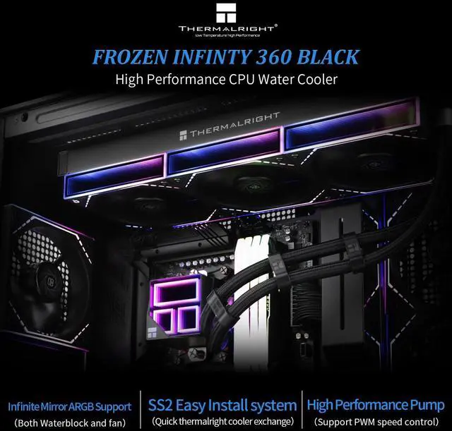 Alt view image 2 of 6 - Frozen Infinity 360 Black Liquid CPU Cooler,Triple PWM Fans with 2000RPM,Desktop CPU Aio Cooler,for AM4/AM5&Intel LGA1150/1151/1200/1700/1851,Infinity Mirror PC CPU Water Cooler