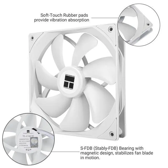 Alt view image 4 of 6 - TL-C14CW CPU Case Fan 140mm, PWM Fan Silent Computer CPU Fan with 1500RPM Speed, CPU Cooling White TL-C14CW