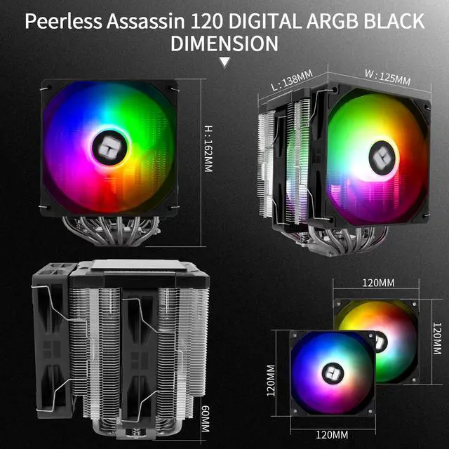 Alt view image 7 of 7 - Peerless Assassin 120 Digital ARGB Black CPU Air Cooler, Digital Screen Top Cover,6 Heatpipes Computer CPU Cooler, for AM4/AM5,Intel LGA1700/1851/1150/1151/1200, PC Cooler-Black ARGB