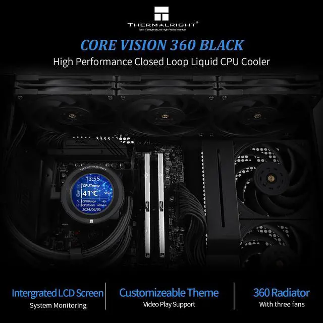 Alt view image 2 of 6 - CORE Vision 360 Black CPU AIO Cooler,IPS LCD Screen with 480 * 480 Resolution,for AM5&Intel 1700/1851,High-Performance 360 Specs Water-Cooled Radiator with 2.1in Removable Display