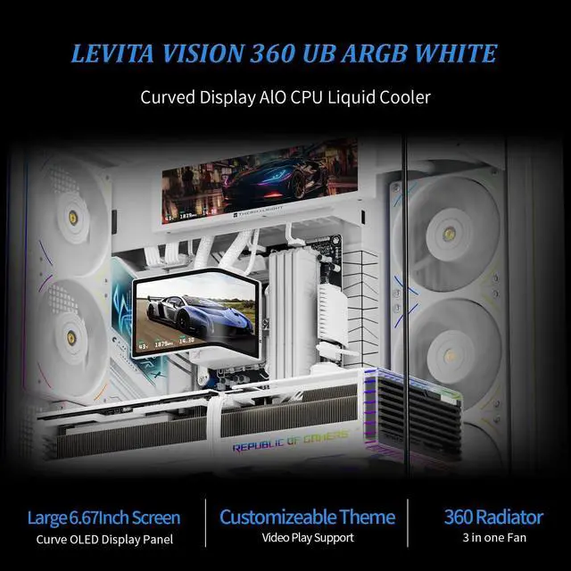 Alt view image 2 of 7 - Levita Vision 360 UB ARGB White CPU Liquid Cooler,360mm Aio, 2K 60HZ Curved Screen with 2400x1080 Resolution,for AM4/AM5,Intel LGA1851/1700,6.67in 3D Screen High Performance Pump