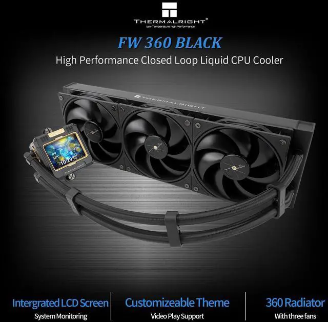 Alt view image 2 of 5 - FW360 Black CPU AIO Cooler,PC 360 Specification Water Cooler System,IPS LCD Screen with 320 * 240 Resolution,for AM5&Intel LGA1851,High Performance Pump,Comes with 2.4-inch LCD Display