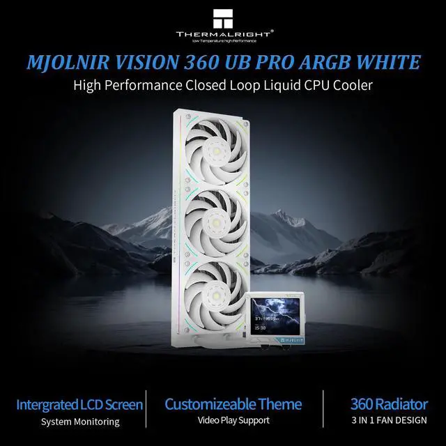 Alt view image 2 of 6 - Mjolnir Vision 360 UB PRO ARGB White CPU Aio Cooler,PC 360 Specification Water Cooler System with Inline Fan,3.5 LCD Screen with 640x480 Resolution,for AM4/AM5;Intel 1700/1851/115X/2011