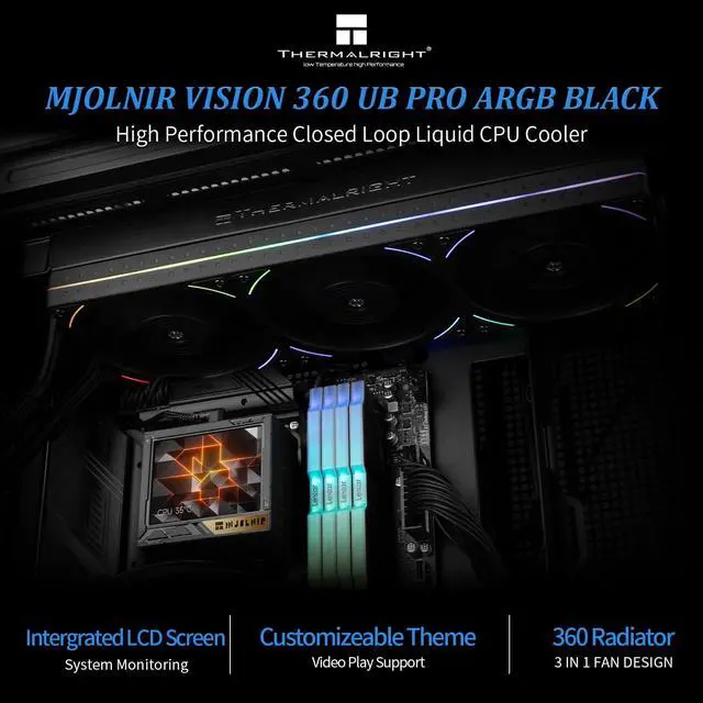 Alt view image 2 of 6 - Mjolnir Vision 360 UB PRO ARGB Black CPU Aio Cooler,PC 360 Specification Water Cooler System with Inline Fan,3.5 LCD Screen with 640x480 Resolution,for AM4/AM5;Intel 1700/1851/115X/2011