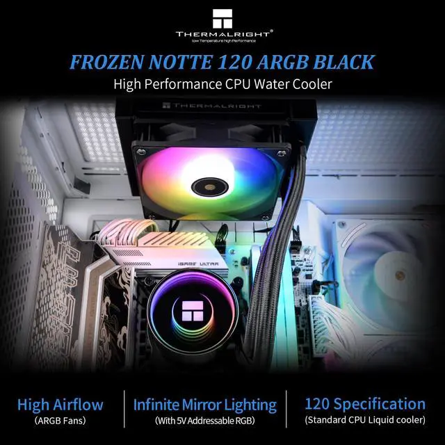 Alt view image 3 of 7 - Frozen Notte 120 ARGB Black Liquid CPU Cooler, 120mm PWM Fan with ARGB-Up to 2000RPM Speed, for AMD/AM4/AM5, Intel LGA1150/1151/1200/1700/1851,Black