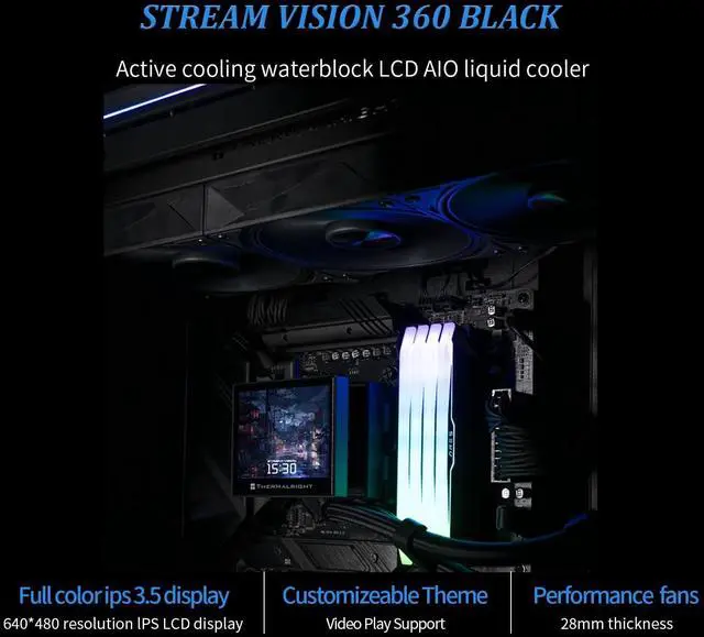 Alt view image 3 of 7 - Stream Vision 360 Black-360mm AIO CPU Liquid Cooler,3.5Square LCD Display for Images,Magnetic Suction High-Performance Pump for 640x480 Resolution with Embedded Fan,for AM5/lga1851/1700
