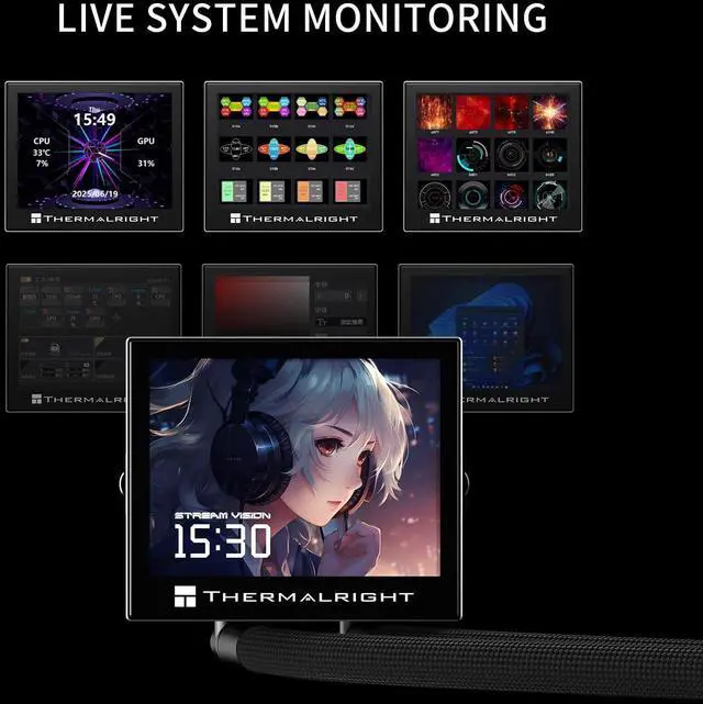Alt view image 6 of 7 - Stream Vision 360 Black-360mm AIO CPU Liquid Cooler,3.5Square LCD Display for Images,Magnetic Suction High-Performance Pump for 640x480 Resolution with Embedded Fan,for AM5/lga1851/1700