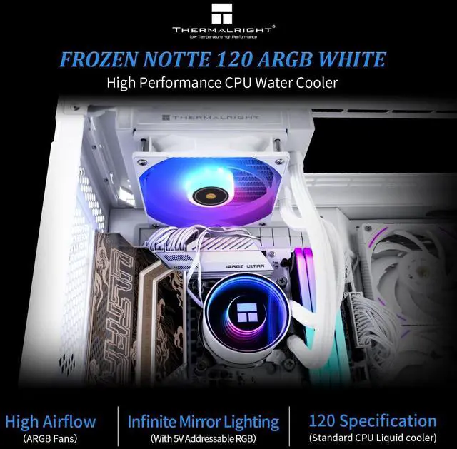 Alt view image 2 of 6 - Frozen Notte 120 ARGB White Liquid CPU Cooler, 120mm PWM Fan with ARGB-Up to 2000RPM Speed, for AMD/AM4/AM5, Intel LGA1150/1151/1200/1700/1851,White