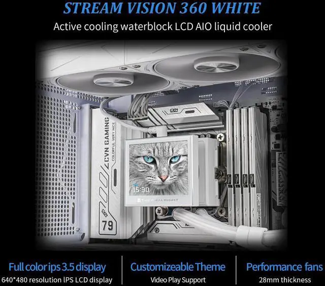 Alt view image 3 of 7 - Stream Vision 360 White-360mm AIO CPU Liquid Cooler,3.5Square LCD Display for Images,Magnetic Suction High-Performance Pump for 640x480 Resolution with Embedded Fan,for AM5/lga1851/1700