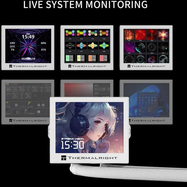 Alt view image 6 of 7 - Stream Vision 360 White-360mm AIO CPU Liquid Cooler,3.5Square LCD Display for Images,Magnetic Suction High-Performance Pump for 640x480 Resolution with Embedded Fan,for AM5/lga1851/1700