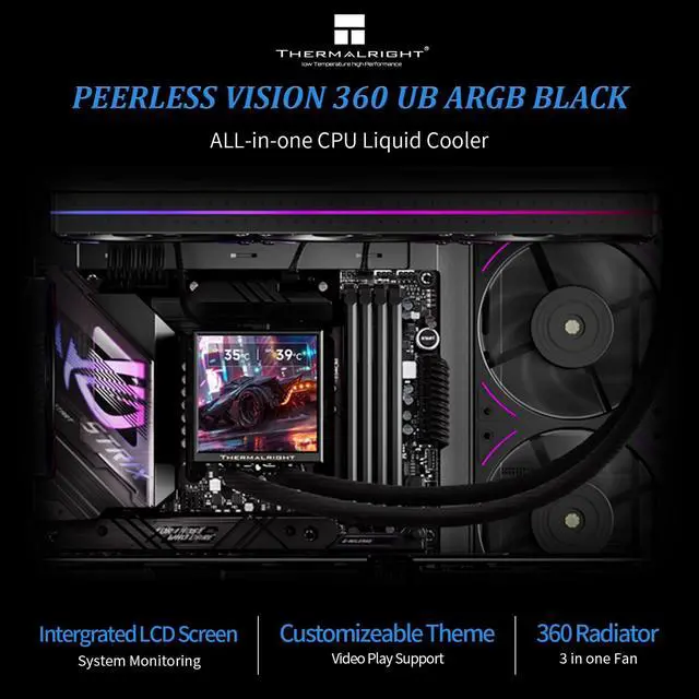 Alt view image 2 of 7 - Peerless Vision 360 UB ARGB Black CPU Aio Cooler,PC 360 Specification Water Cooler System with Inline PC Fans,3.95IPS LCD Screen with 480x480 Resolution,for AM4/AM5;Intel 1700/1851