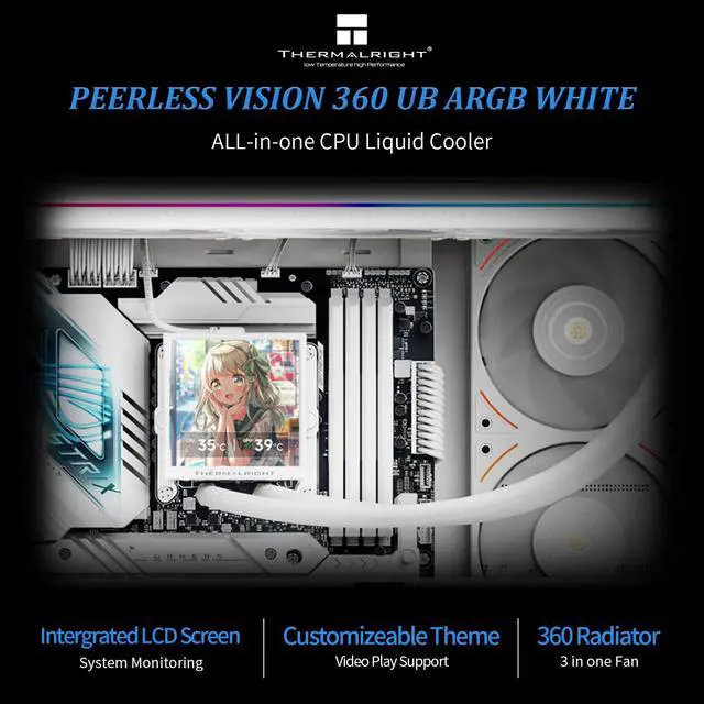 Alt view image 2 of 7 - Peerless Vision 360 UB ARGB White CPU Aio Cooler,PC 360 Specification Water Cooler System with Inline PC Fans,3.95IPS LCD Screen with 480x480 Resolution,for AM4/AM5;Intel 1700/1851