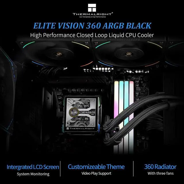 Alt view image 2 of 6 - Elite Vision 360 ARGB Black CPU AIO Cooler,IPS LCD Screen with 320 * 320 Resolution,for AM5&Intel 1700/1851,High-Performance CPU Water-Cooled with 2.73in Removable Liquid Crystal Display