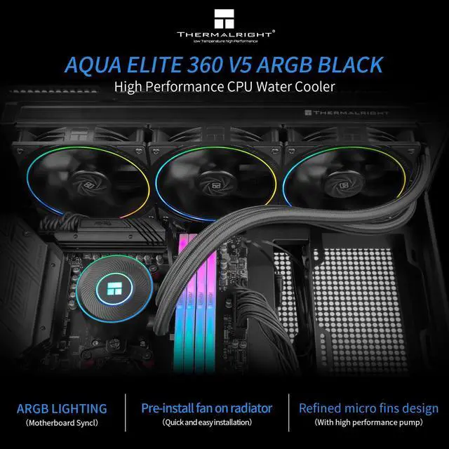 Alt view image 2 of 6 - Aqua Elite 360 V5 ARGB Black-CPU Liquid Cooler,Pump Speed-2800RPM,for AM4/AM5,Intel LGA1150/1151/1200 /1851/1700,High-Performance Radiator