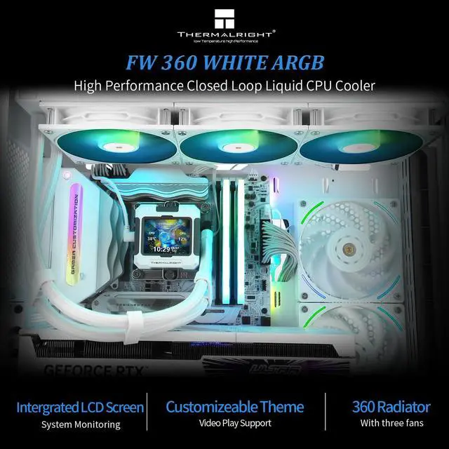 Alt view image 2 of 6 - FW 360 White ARGB-360mm AIO CPU Liquid Cooler,IPS LCD Screen with 320 * 240 Resolution,for AM4/AM5/Intel LGA1700,2.4 inchMagnet-Absorbent LCD Screen for Images -White